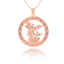Rose Gold Custom Cubic Zirconia Patron Saint Round Pendant Necklace