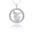 White Gold Custom Cubic Zirconia Patron Saint Round Pendant Necklace