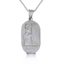 White Gold Beaded Egyptian Goddess Bastet Oval Medallion Pendant Necklace
