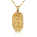 Yellow Gold Beaded Egyptian Goddess Bastet Oval Medallion Pendant Necklace