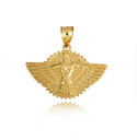 Gold Ashur Assyrian Chief God of War Winged Sun Disc Pendant Necklace (Available in Yellow/Rose/White Gold)
