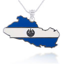 .925 Sterling Silver Map of El Salvador Country Flag Enamel Pendant Necklace