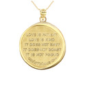 Yellow Gold Bible Verse Corinthians 13:4 Love Prayer Coin Medallion Pendant Necklace