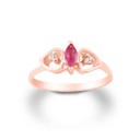 Rose Gold Marquise Cut Ruby Gemstone & White Topaz Double Heart Women's Ring