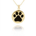 Yellow Gold Pet Dog Paw Print Black Enamel Medallion Pendant Necklace