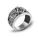 .925 Sterling Silver Victorian Filigree Freemason Square & Compass Oxidized Band Ring side view