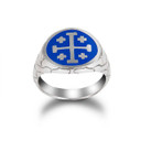 .925 Sterling Silver Blue Enamel Jerusalem Cross Scaled Round Signet Ring