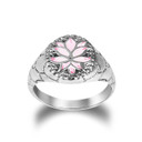 .925 Sterling Silver Pink Enamel Lotus Flower Scaled Round Signet Ring