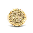 Yellow Gold Ancient Aztec Mayan Sun Calendar Statement Round Signet Ring top view