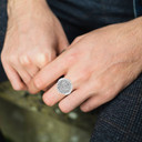 .925 Sterling Silver Ancient Aztec Mayan Sun Calendar Statement Round Signet Ring on male model