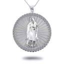 White Gold Diamond Cut Lady Of Guadalupe Cubic Zirconia Halo Medallion Pendant Necklace