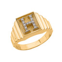  Gold Diamond Letter "A-Z" Initial Textured Men's Signet Ring(Available in Yellow And White Gold)