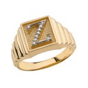  Gold Diamond Letter "A-Z" Initial Textured Men's Signet Ring(Available in Yellow And White Gold)