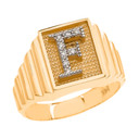  Gold Diamond Letter "A-Z" Initial Textured Men's Signet Ring(Available in Yellow And White Gold)