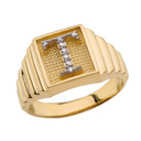  Gold Diamond Letter "A-Z" Initial Textured Men's Signet Ring(Available in Yellow And White Gold)