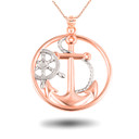 Rose Gold Nautical Anchor Rope and Helm Mariner Circle Pendant Necklace