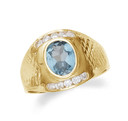 Gold men's synthetic blue topaz ring with cz.