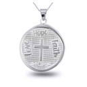 White Gold "Love, Hope, Faith" Script Hammered Coin Medallion Pendant Necklace