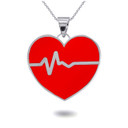 Silver Enamel Heartbeat Pendant Necklaces