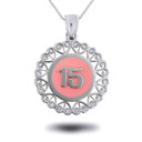 White Gold 15 Anos Quinceanera Pink Enamel Heart Filigree Pendant Necklace