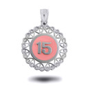 White Gold 15 Anos Quinceanera Pink Enamel Heart Filigree Pendant