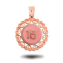 Rose Gold 15 Anos Quinceanera Pink Enamel Heart Filigree Pendant