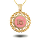 Yellow Gold 15 Anos Quinceanera Pink Enamel Heart Filigree Pendant Necklace