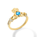 Yellow Gold Claddagh Blue Topaz CZ Ring