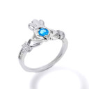 Silver Claddagh Love Heart Blue Topaz Birthstone & Cubic Zirconia Friendship Ring
