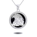 White Gold Diamond Cut Eagle Black Onyx Rope Medallion Pendant Necklace