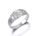White Gold Small Chinese Yin & Yang Tai Chi Textured Greek Key Star Ring