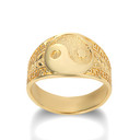 Yellow Gold Large Chinese Yin & Yang Tai Chi Textured Greek Key Olive Branch Ring