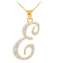 10K Yellow Gold Letter "E" Initial Script Diamond Pendant Necklace