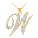 10K Yellow Gold Cursive Letter Script "W" Diamond Initial Pendant Necklace