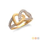 Yellow Gold Double Heart CZ Open Band Love Ring