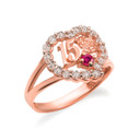 Two-Tone Rose Gold 15 Anos Quinceanera Birthstone Heart Rose CZ Flower Love Ring