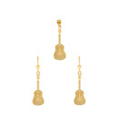 14K Yellow Gold Musical Rock Band Acoustic Guitar Pendant Earrings Set