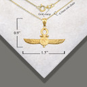 Yellow Gold Egyptian Ankh Cross Eye Of Horus Wedjat Winged Goddess Isis Protection Pendant Necklace with measurements