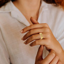 Gold Rectangle Striped Signet Ring on female model