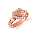 Rose Gold Diamond Heart Cuban Chain Link Love Band Ring