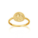 Gold Beaded Fleur De Lis Lily Flower French Coat Of Arms Medallion Ring (Available in Yellow/Rose/White Gold)
