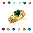 Gold Heart Birthstone Cuban Chain Link Ring (Available in Yellow/Rose/White Gold)
