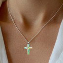 .925 Sterling Silver Blessed Textured Cross Tie Dye Hand Painted Enamel Pendant Necklace on female model