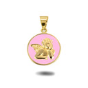 Gold Cupid Love Angel Pink Enamel Medallion Pendant