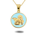 Gold Cupid Love Angel Enamel Blue Medallion Pendant Necklace