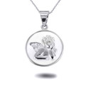 .925 Sterling Silver Cupid Love Angel White Enamel Medallion Pendant Necklace