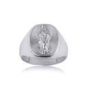 White Gold Illuminated Saint Mother Mary Patron Saint Of Humanity Oval Signet Ring