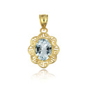 Yellow Gold Clear Zirconia Gemstone Floral Greek Key Love Pendant Necklace