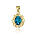 Yellow Gold Blue topaz Gemstone Floral Greek Key Love Pendant Necklace