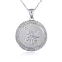 White Gold Diamond Saint Michael Archangel Textured Coin Protection Medallion Pendant Necklace